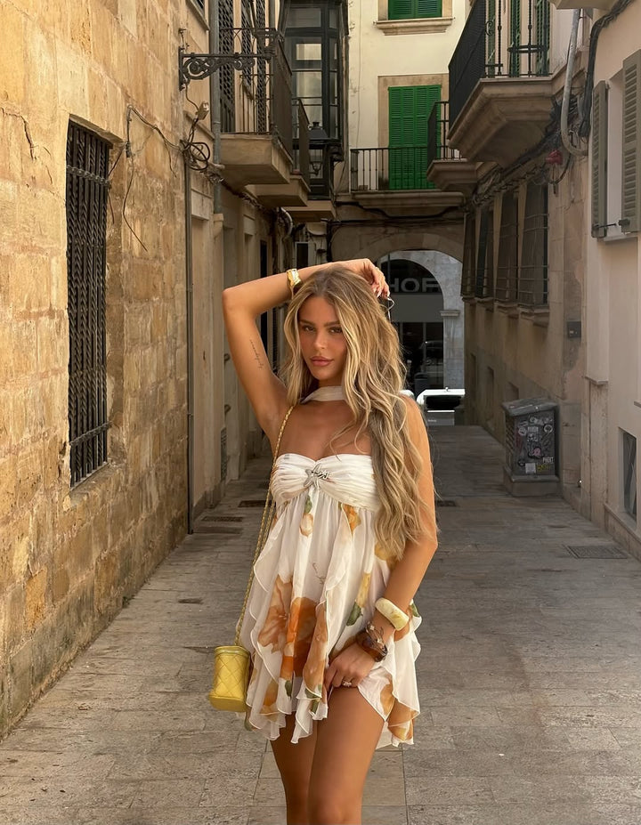 Isabel- Vestido Mini Estampado con Volantes y Cuello Halter