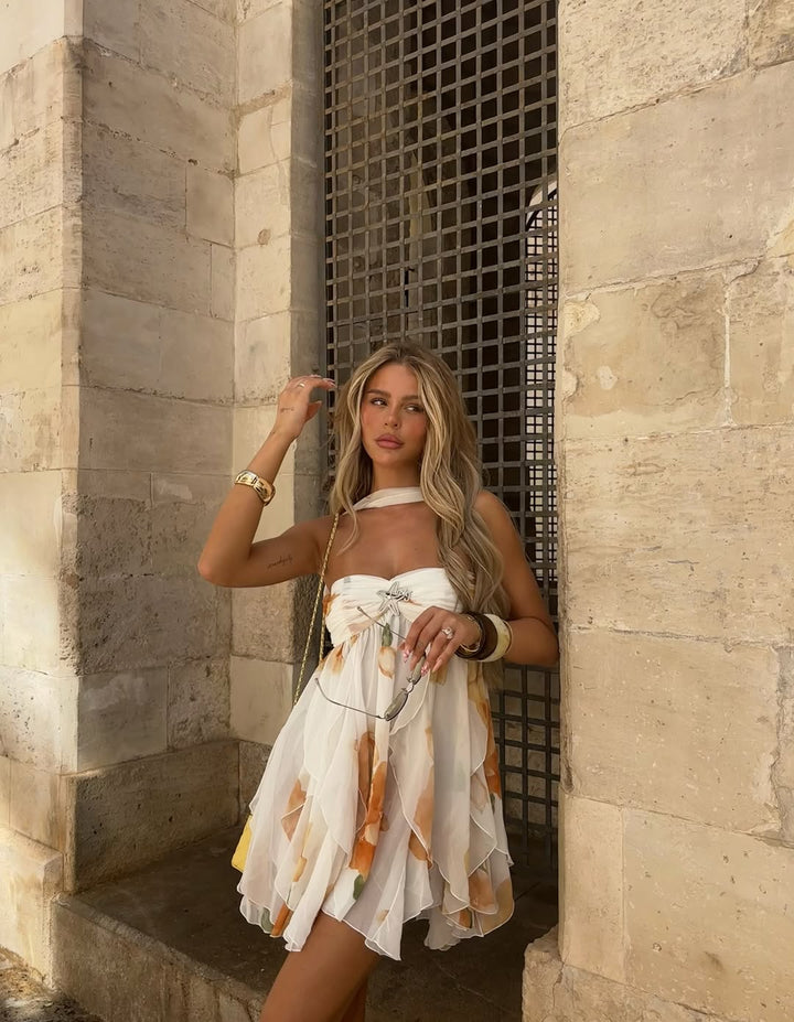 Isabel- Vestido Mini Estampado con Volantes y Cuello Halter